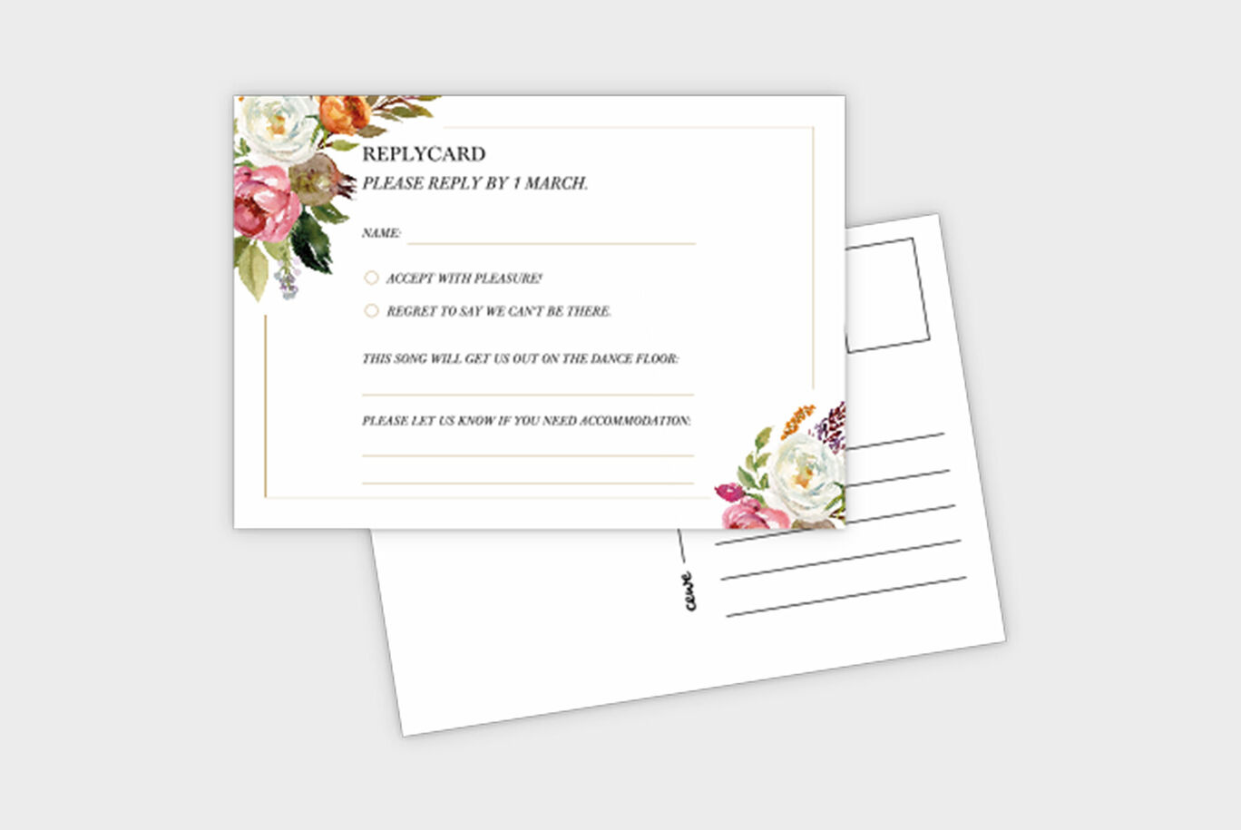 Invitationskort med blomstemønster og svarfelt til arrangementer.