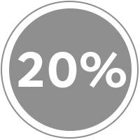 Rundt gavekort med teksten 20 % i hvid på grå baggrund