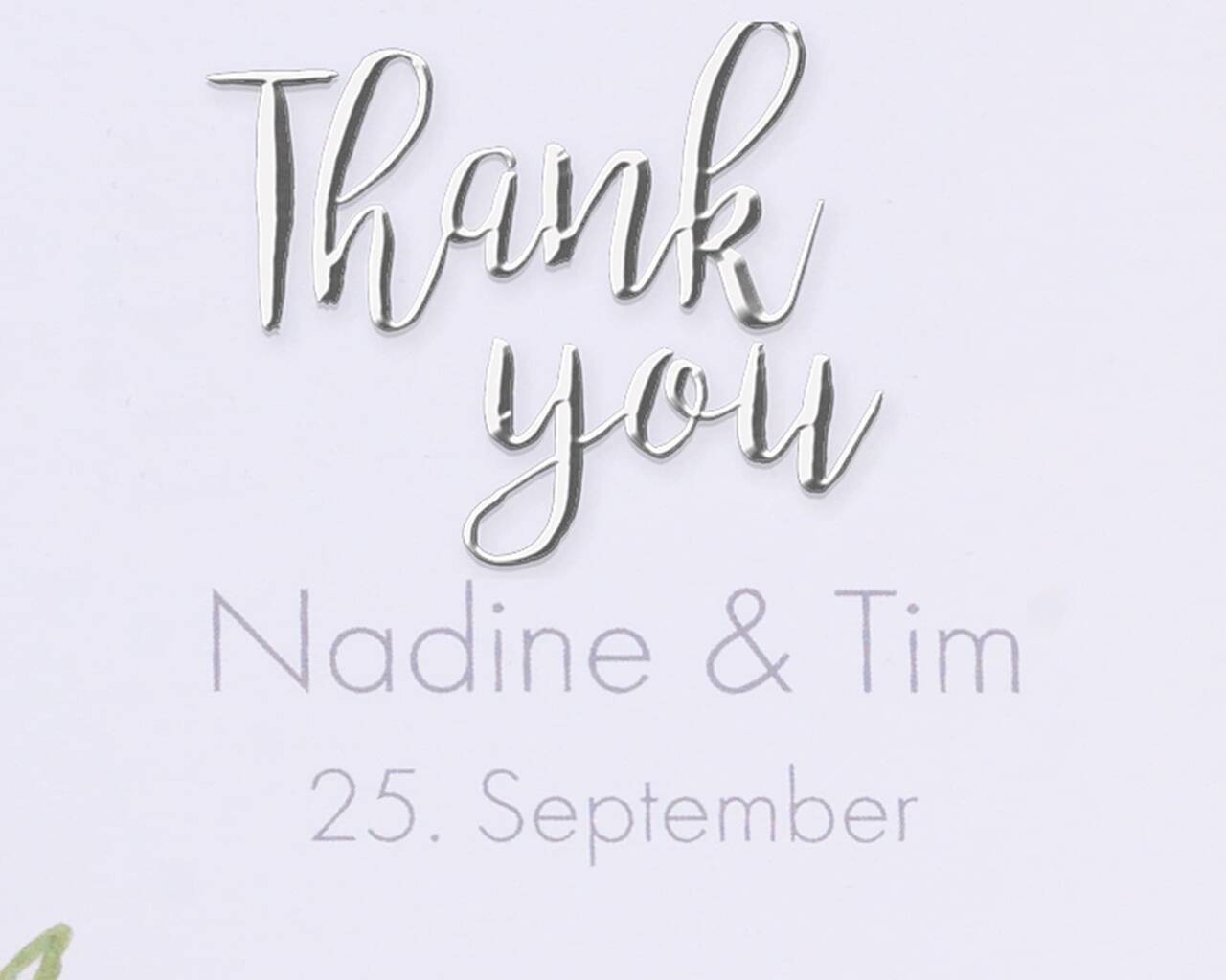 Invitationskort med teksten "Thank you" og navne Nadine & Tim til 25. september
