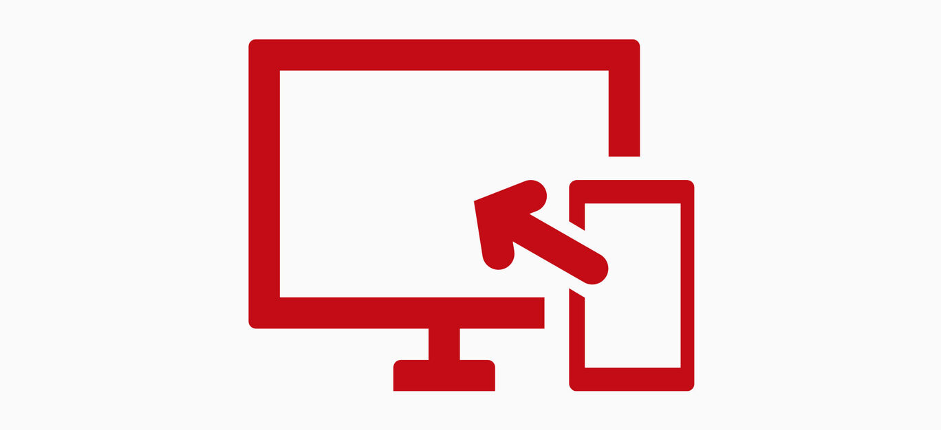 Rødt symbol der viser overgangen fra en skærm til en mobilenhed.