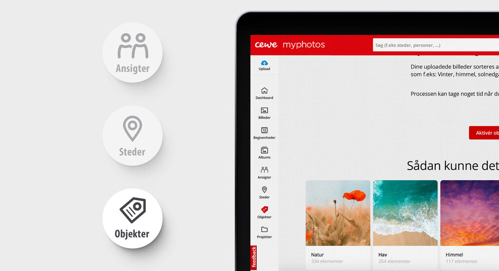 Screenshot af CEWE myphotos-platformen med symboler for visninger, steder og objekter.
