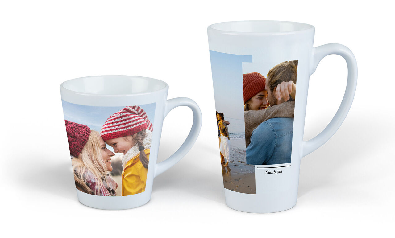 To kopper med personlige fotos, en lille og en stor kop, der repræsenterer glæde og fælles minder.