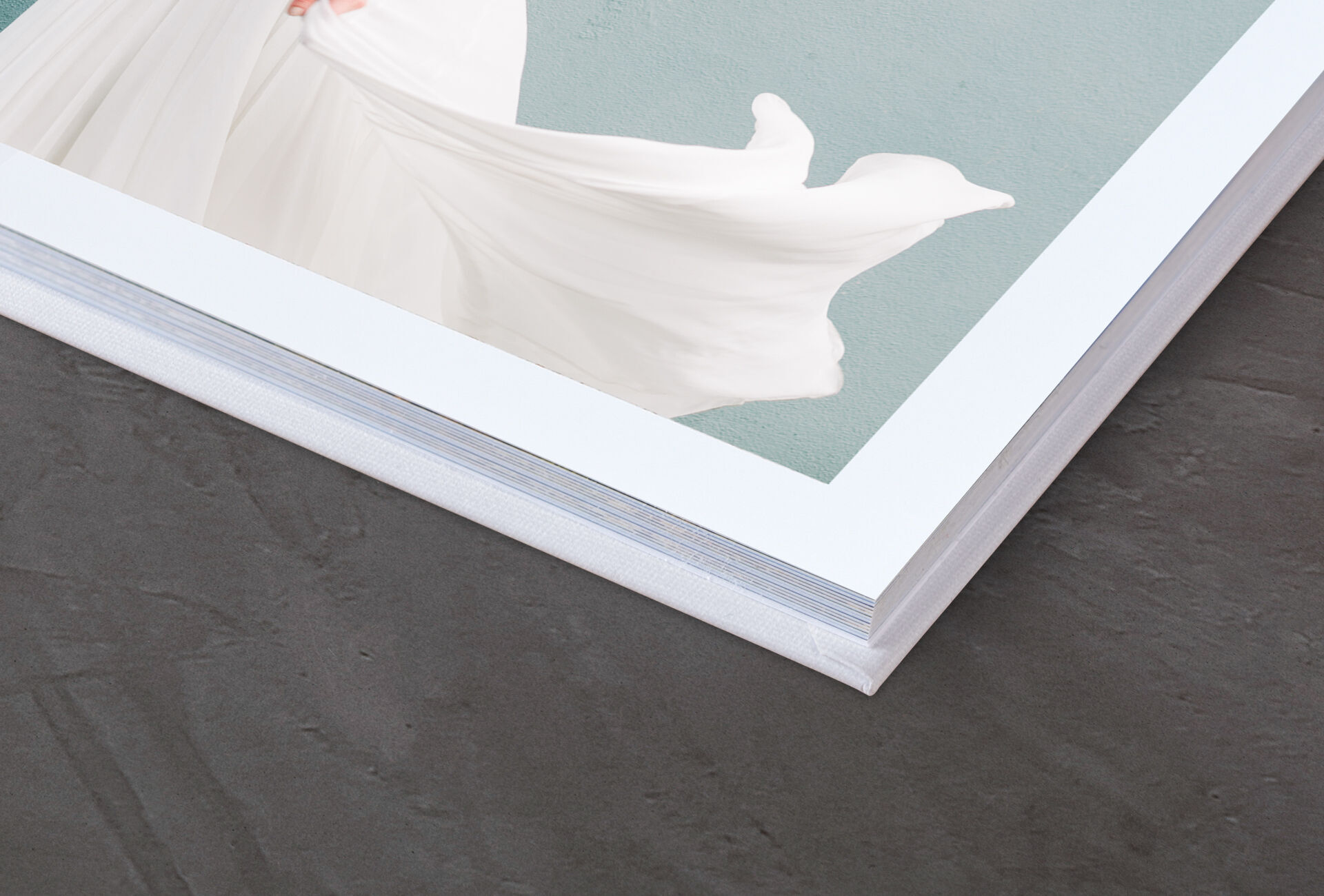 Detajle af en CEWE FOTOBOG med et elegant hvidt cover og en sart baggrund.