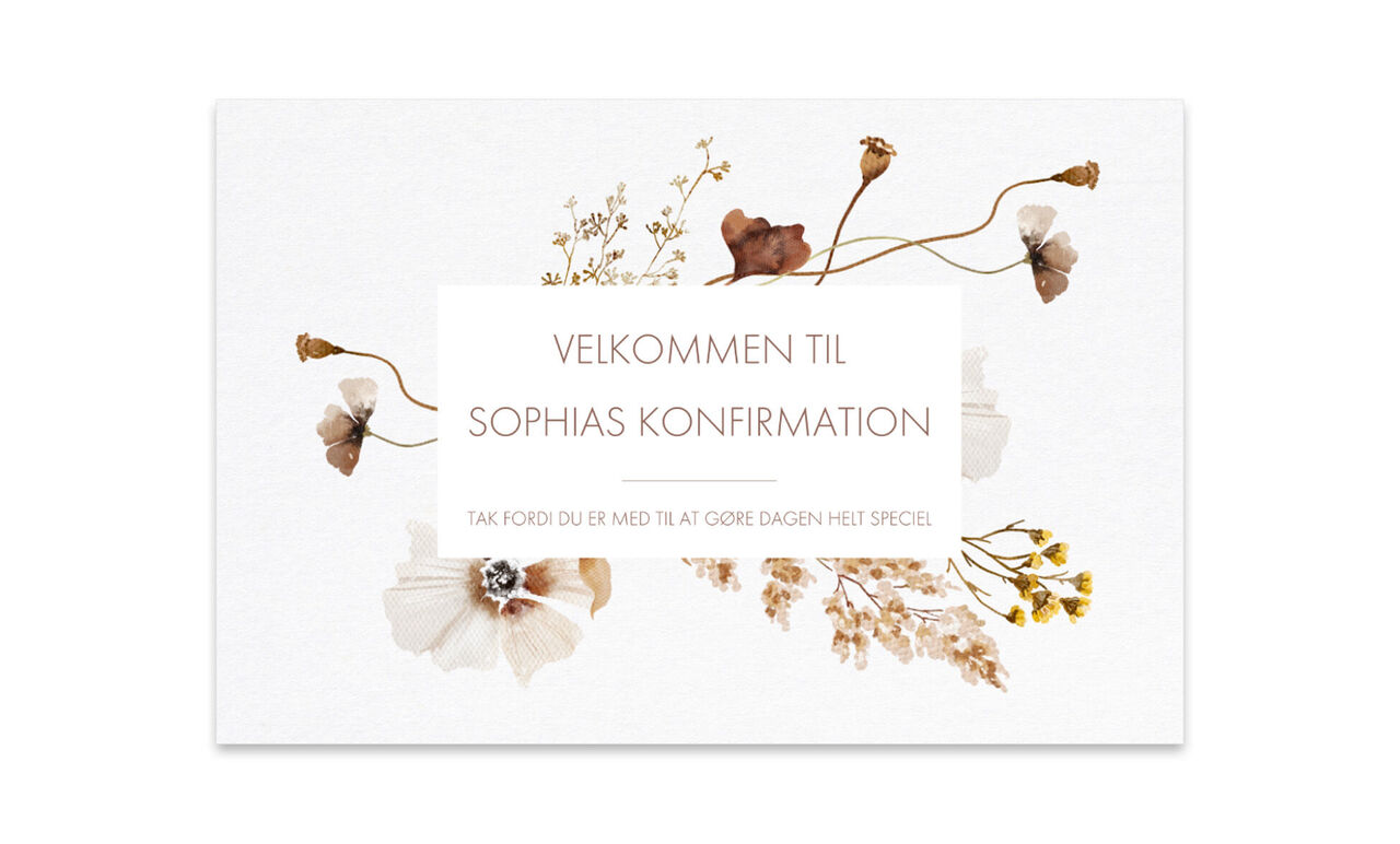 Et nænsomt designet invitationskort til konfirmation med florale elementer og navnet Sophia.