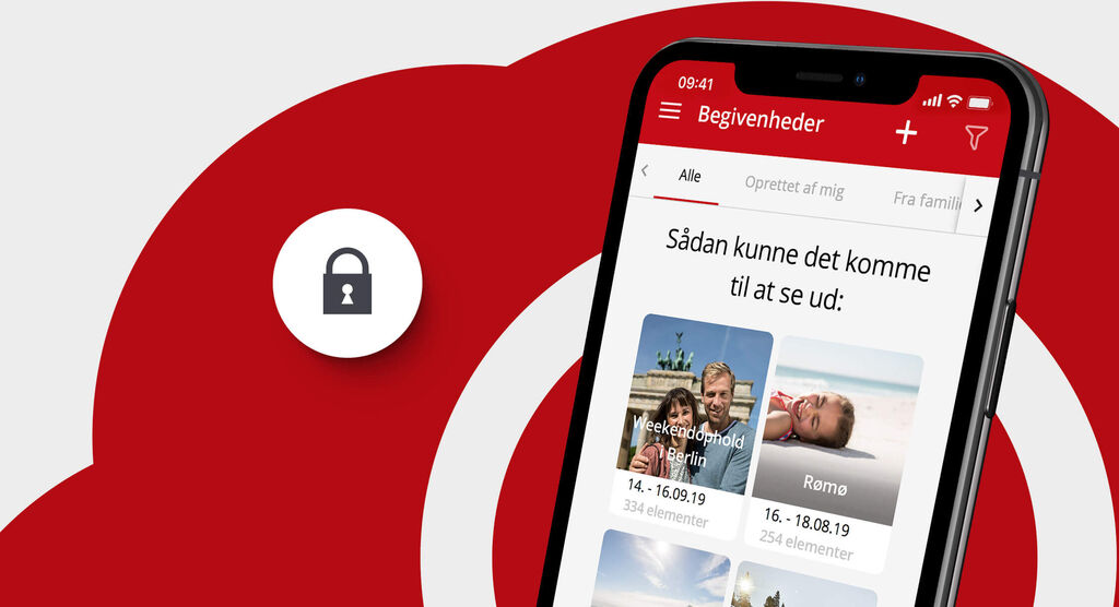 Billedet viser en smartphone med en app, der viser billeder og et lås-symbol.