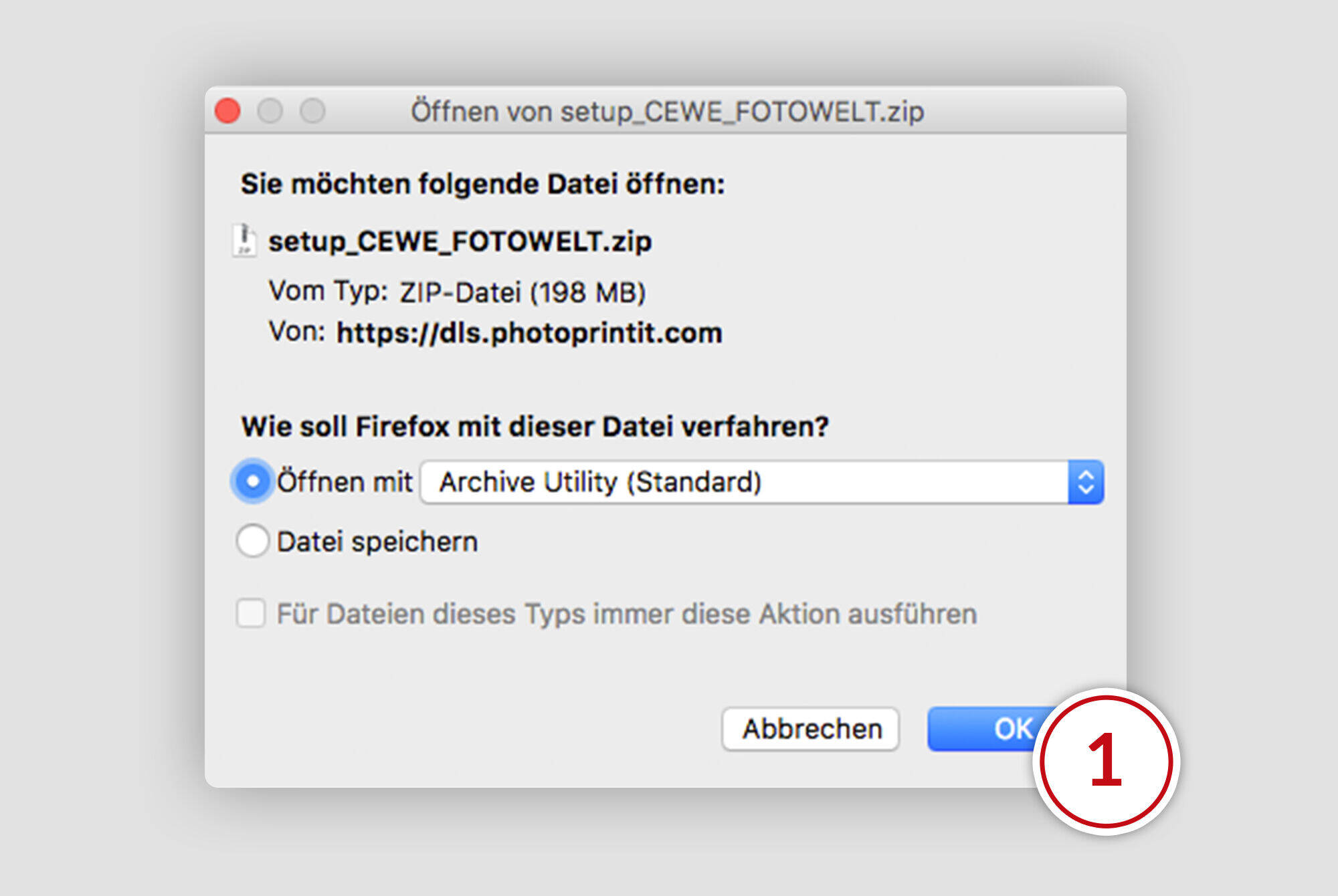 Vindue til åbning af en ZIP-fil i Firefox, viser filnavn og åbne muligheder.