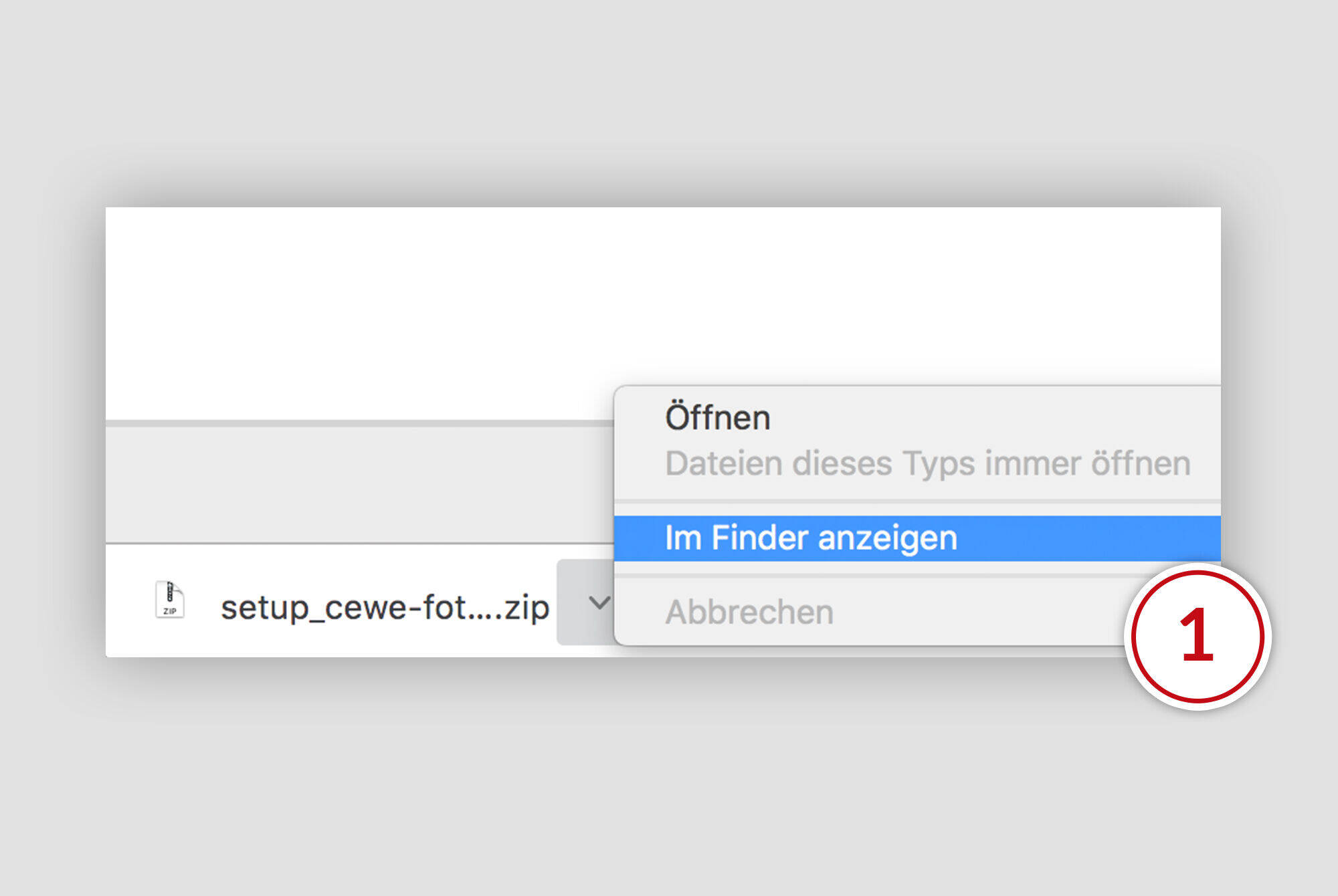 Skærm af en Mac med kontekstmenu til at vise ZIP-fil i Finder.