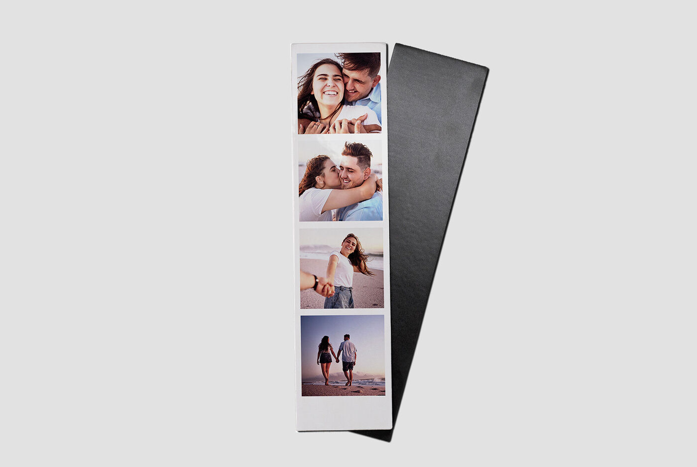 To billeder af kærestepar og et billede af to personer på stranden, præsentation i moderne design med rødt banner 'Ny'