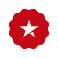 Et rødt, afrundet logo med en hvid stjerne i midten.