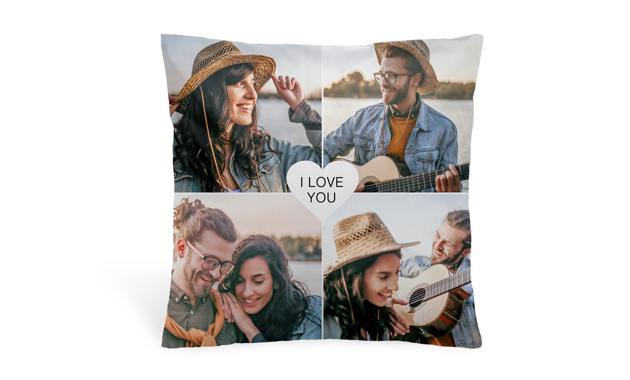 Pude med fire fotos af lykkelige par, tekst 'I LOVE YOU'