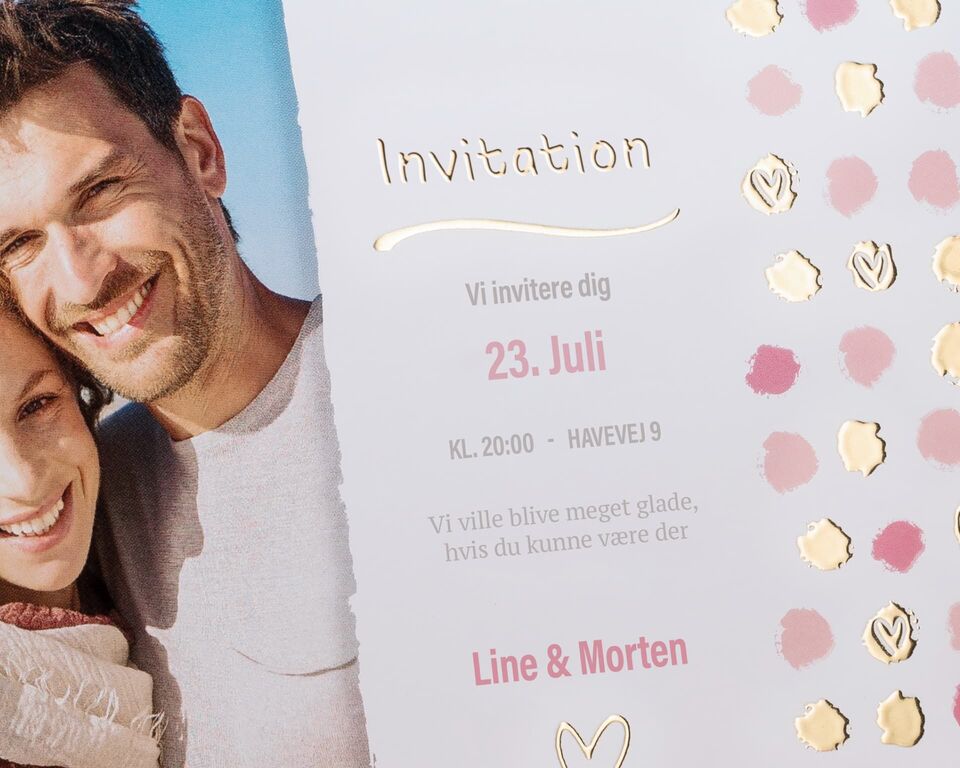 Invitation card for the wedding of Line and Morten with delicate colors and golden script.