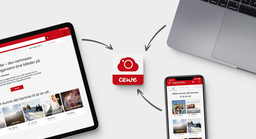 A tablet, laptop, and smartphone featuring the CEWE logo, showcasing photo sharing.