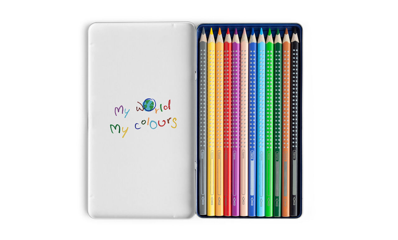 Farverige blyanter i en gennemsigtig kasse med teksten 'My World My Colours'.