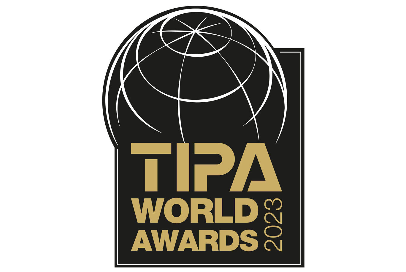 TIPA World Awards 2023 logoet viser en stiliseret globus og tekst i guld.