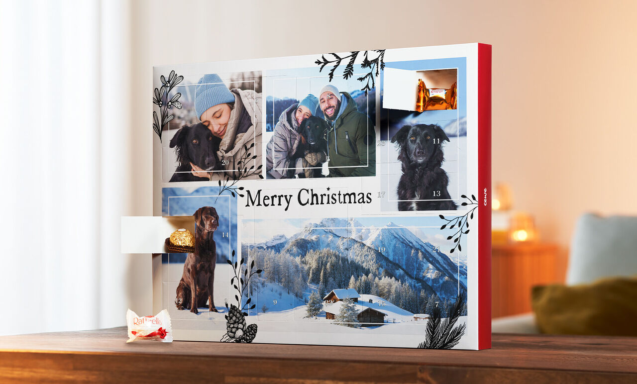 En smuk CEWE fotobog med julebilleder af en hund og vinterlandskaber.