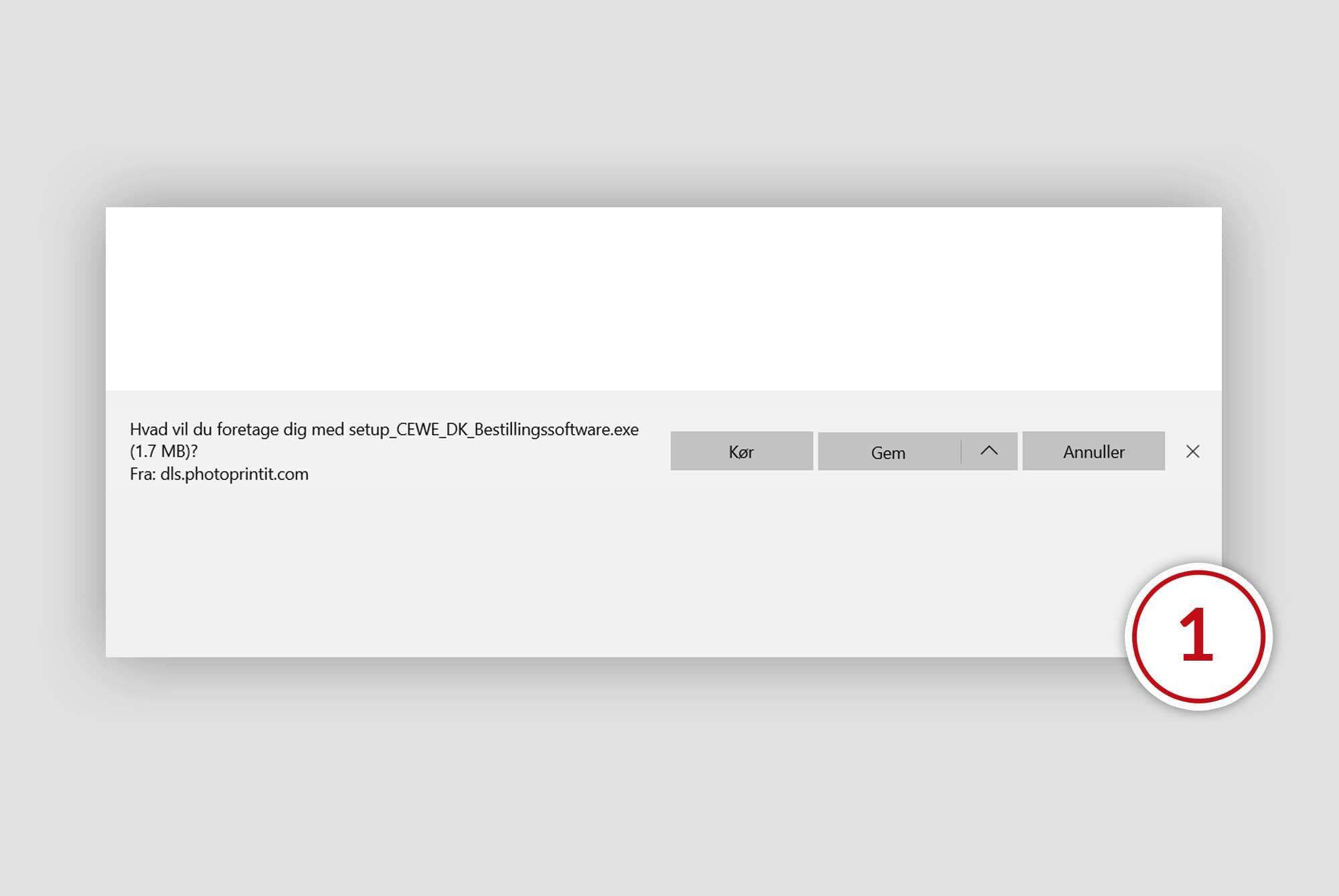 Download-vindue for CEWE Bestillingssoftware med filstørrelse 17 MB på grå baggrund