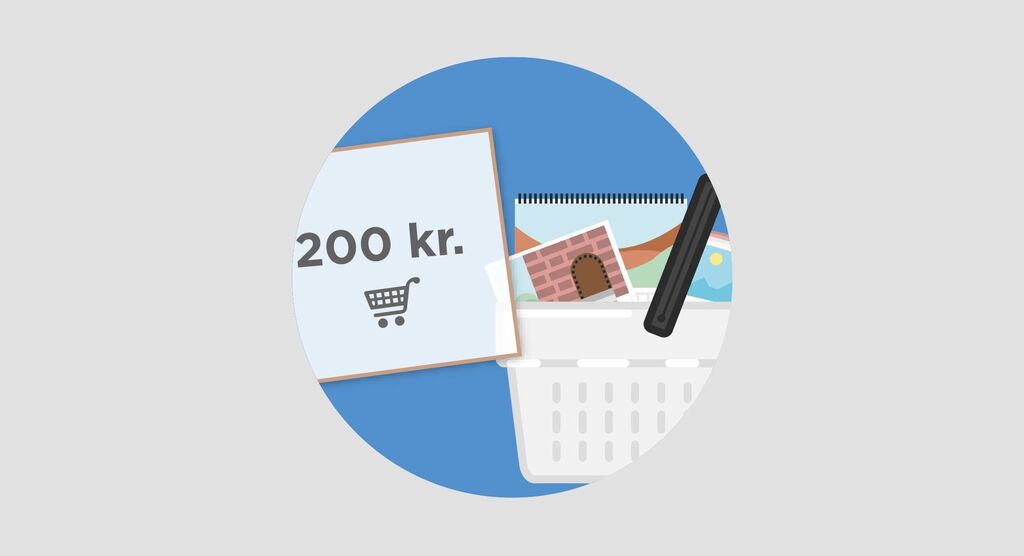 Indkøbsvogn med forskellige varer og pris på 200 kr