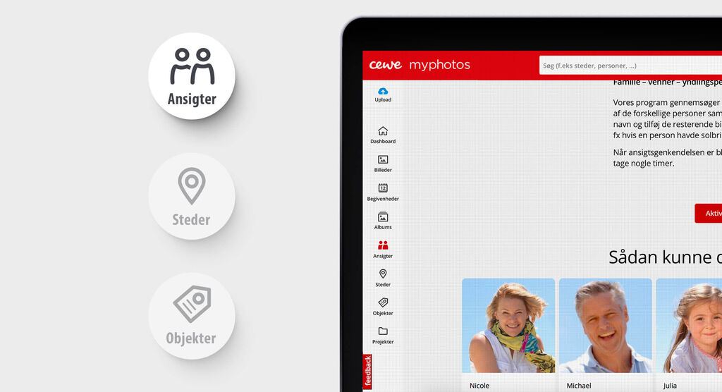 Screenshot af CEWE MyPhotos appen, der organiserer billeder