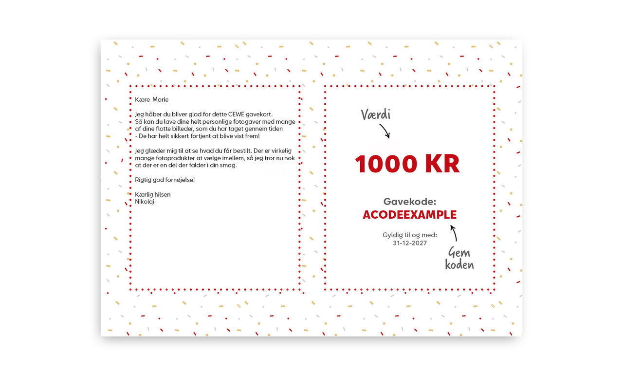 En CEWE hilsen med gavekort-baggrund og personlige tekster.