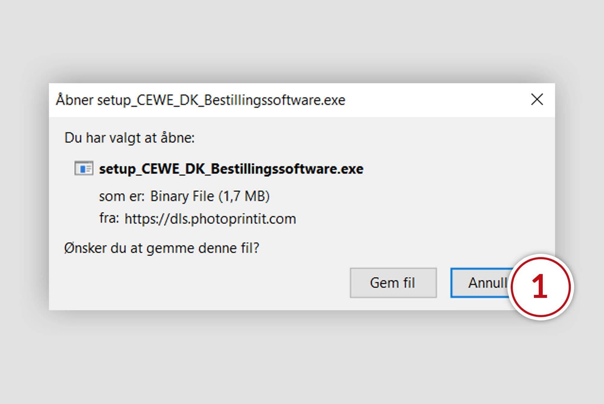 Bruger ser installationsvindue for CEWE Software med gem eller annuller muligheder.