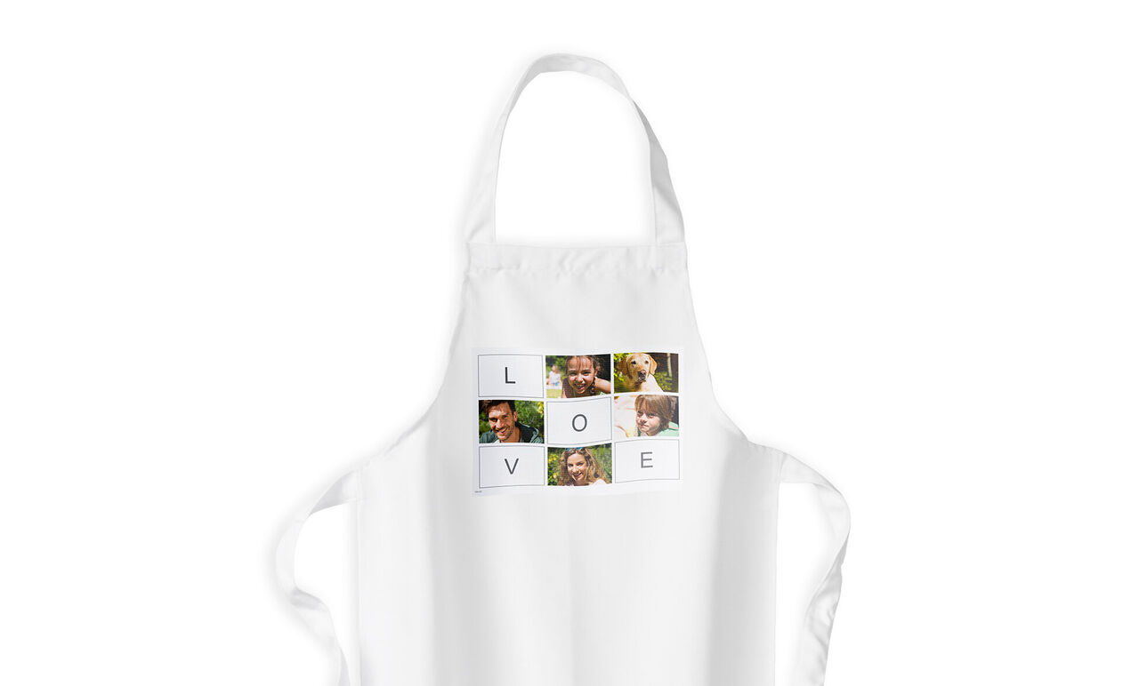 Hvid skør med en collage af billeder af venner og familie.