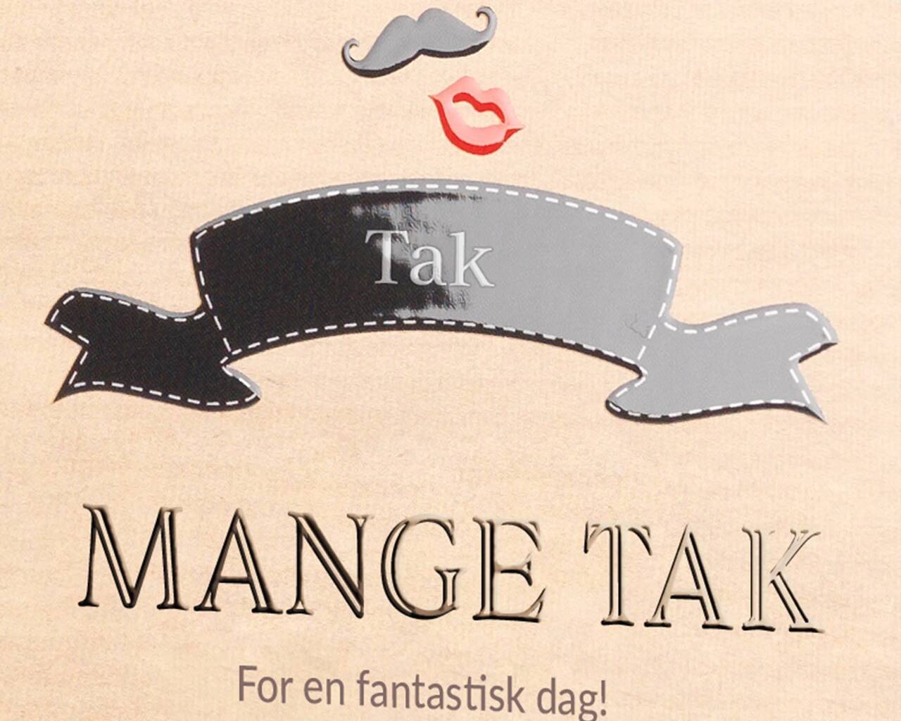 Stilfuldt takkort med teksten 'MANGE TAK' og grafiske elementer