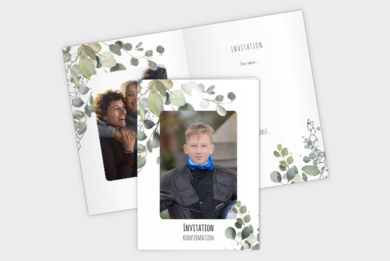 Indbydende hilsen- kort til konfirmation med blomster motiv.