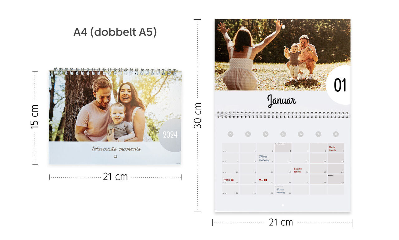 En smuk CEWE fotokalender for 2024, der viser personlige øjeblikke. Venstre side har et billede af et par.
