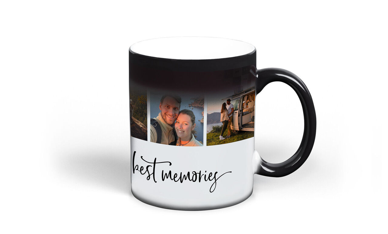 Sort krus med fotos og inskriptionen "bedste minder"