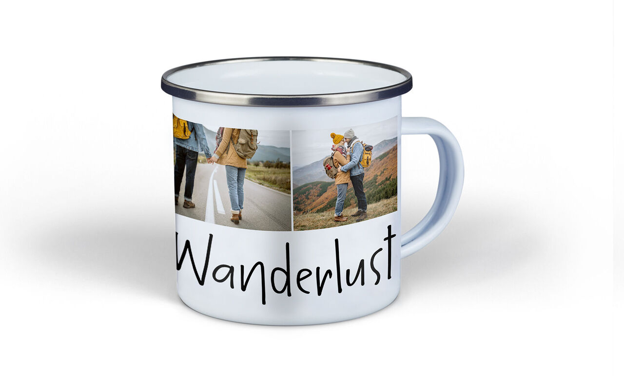 En personlig krus med teksten "Wanderlust" og billeder af vandrere i naturen.