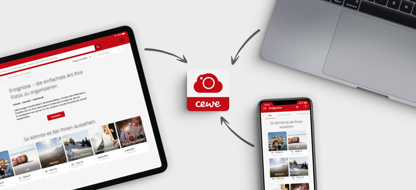 Smartphone og tablet viser CEWE Fotoværksted, til at organisere billeder