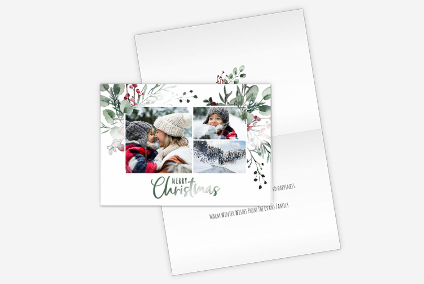 Et festligt kort med julemotiver og billeder af et par i en vinterlig omgivelser.