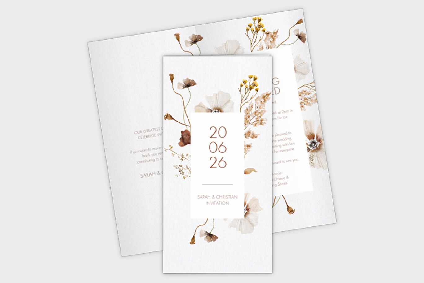 Elegant bryllupsdesign med delikate blomster og datoen 24.06.23