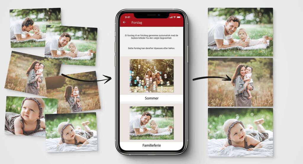 En smartphone viser billeder af sommer- og familiemomenter.